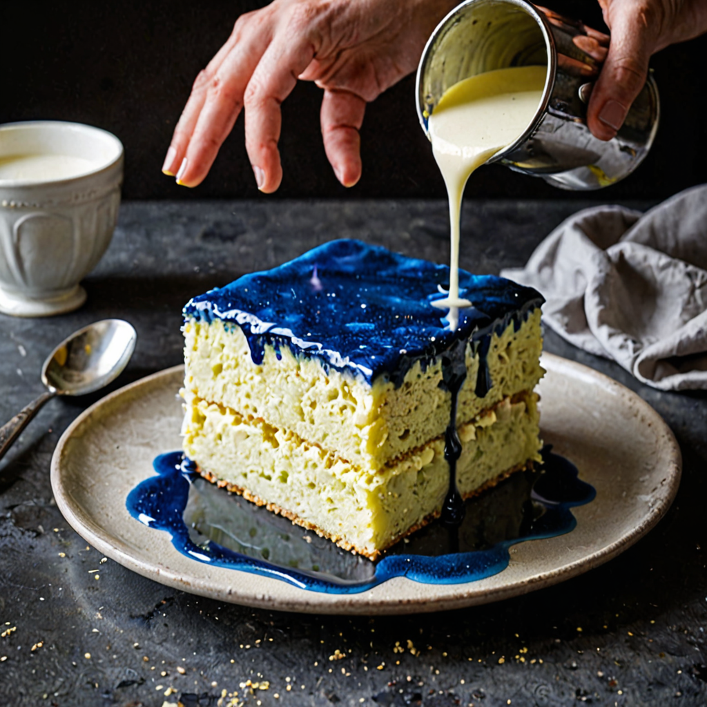 AI-generated surreal art for: The Cyanotype Confection: A Memory Erasure Cake