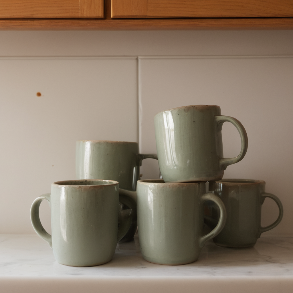 AI-generated surreal art for: Ceramic mugs stack near sink