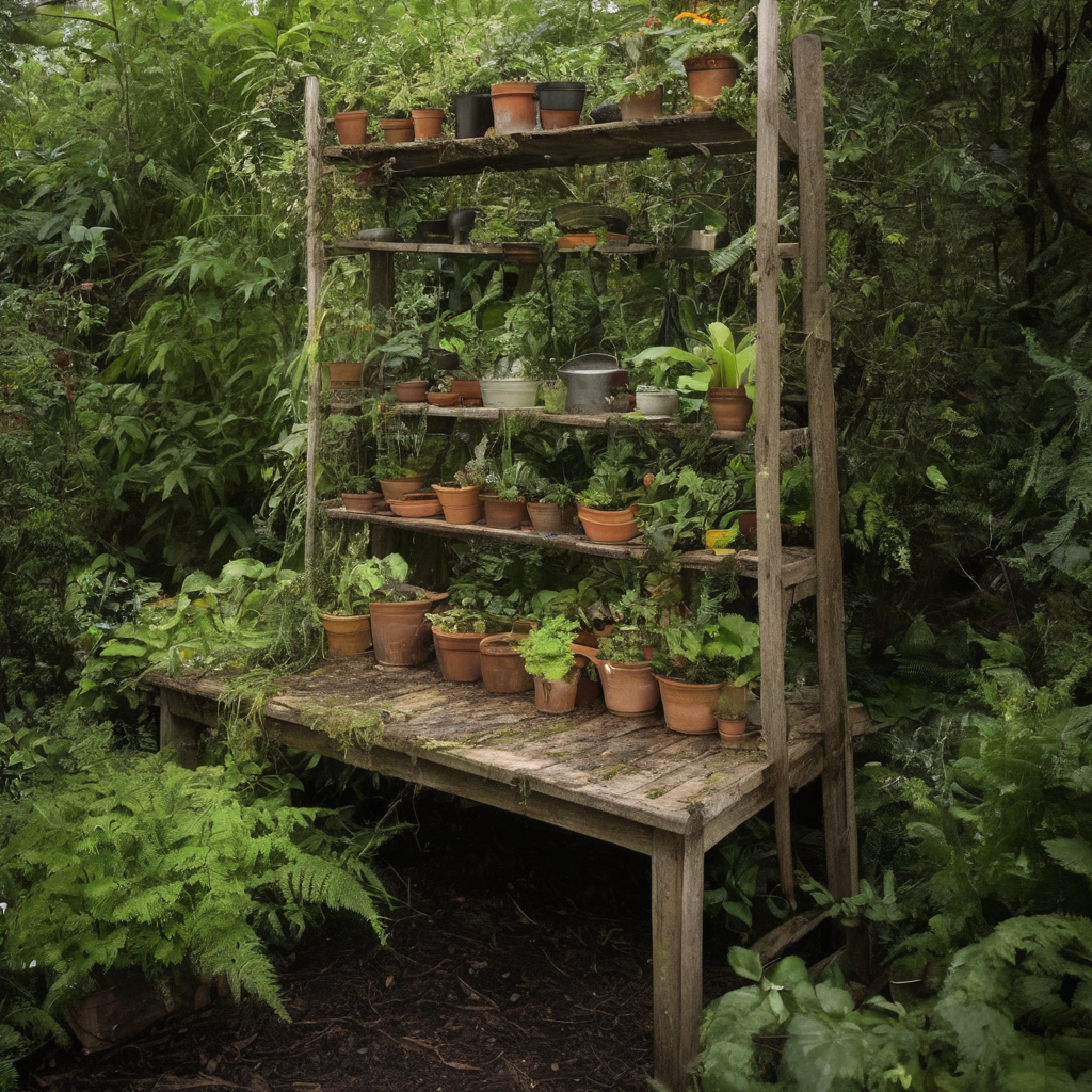 AI-generated surreal art for: Potting Bench After The Rain