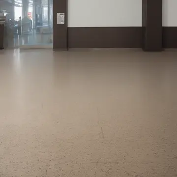 Directory kiosk panel in Lobby waiting area tiled floor. A single, empty chair is positioned slightly off-center. Scuff marks on the linoleum floor