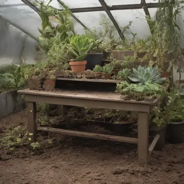 A grouping of potted succulents and small tools in University greenhouse potting bench. An operator meticulously examines the soil around a specific, slightly drooping plant. Dust...