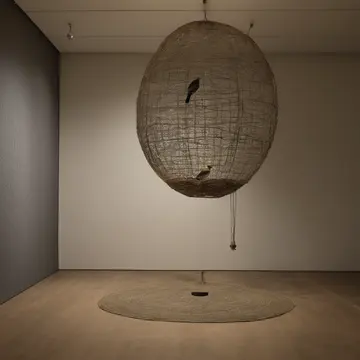 Small cage containing a sleeping bird in Museum exhibit preparation room. Curator checking display readiness after hours. Dust motes in the low light