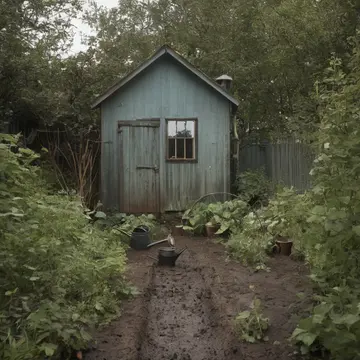 Empty Watering Can in Community Garden Shed. The caretaker is finishing watering the raised beds after hours. Damp soil stains