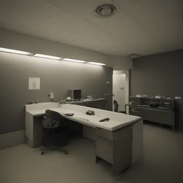 Instruction manual on temporal digestion in Utility room adjacent to administrative desks. A night operator rereads a faded, printed departmental procedure guide. Dust motes...