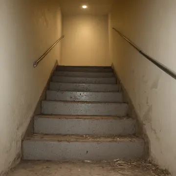 Moldy patch on linoleum in Utility stairwell landing. The night operator is cleaning up after closing, noticing a change in the air. Water stain near riser base