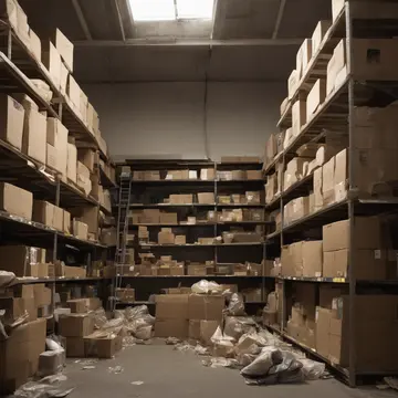 Rolling ladder and inventory shelving in Department store storeroom corner. A repair crew is cataloging stock according to a local, unwritten rule. Dust motes in weak afternoon...