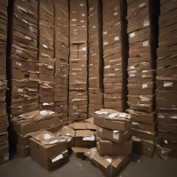 Cardboard box stack in Municipal filing room. A routine inventory count is underway. Dust motes in a single shaft of light