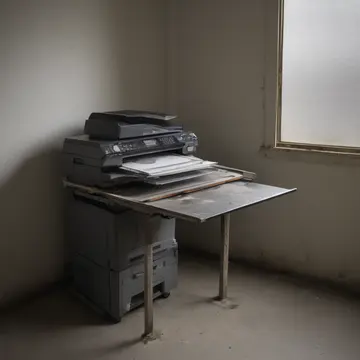 Industrial printer tray in Utility room corner. The machine is waiting for the next required print job. Dust film on metal casing