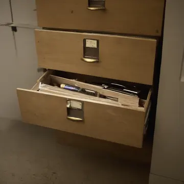 Stack of utility drawers in Utility room storage closet. Night operator performing end-of-day inventory check. Grease film on brass handles