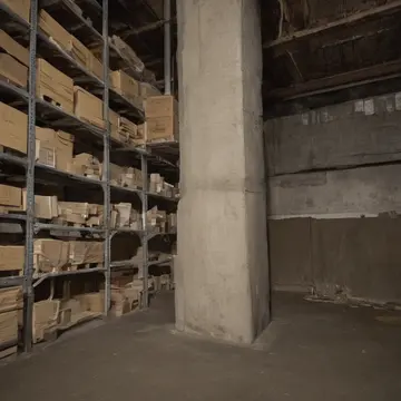 A stack of filing boxes in Municipal basement storage room. The corner section is visibly shifting and leaning inward. Damp concrete floor stain