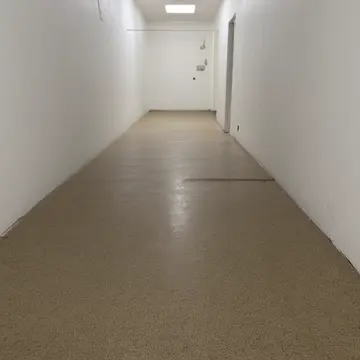 Floor matting in Sub-level maintenance hallway. A section of industrial carpet is visibly damp despite no visible leak. Gray industrial grout lines