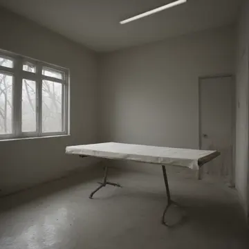 Folding table and stacked white linens in Retail utility room near closing. A night operator is performing final, precise inventory checks. Dust motes suspended in artificial light