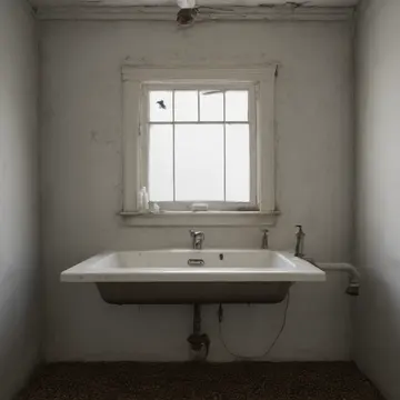 Small caged bird feeder in Utility sink alcove. A cage containing a pet bird is subtly tilted on a wet counter. Wet porcelain basin lip