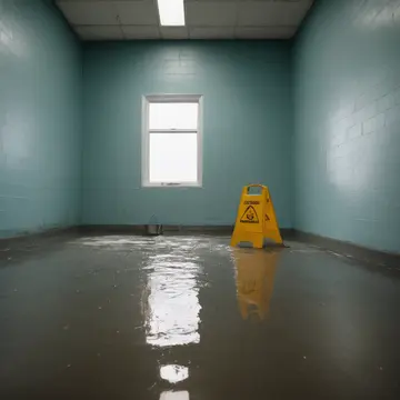 Mop bucket and wash pail in Janitorial supply room corner. The dirty water reflects an empty, polished floor. Wet rubber edges
