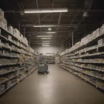 Coiled electrical cords and parts bins in Overstock hardware aisle. A caretaker organizes surplus components near closing time. Dust settling on empty shelves