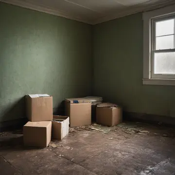 Stack of labeled boxes in Utility room corner. A careful, repetitive arrangement of archival materials. Faint dust on cardboard edges