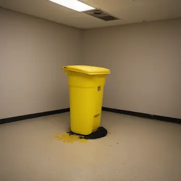 Industrial waste receptacle in Station service booth corner. Night operator performing routine sweep and inventory check. Yellow caution tape residue