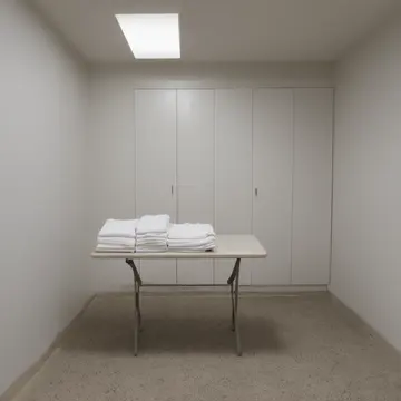 stack of freshly folded towels in laundry room utility closet. The linens are arranged too neatly, resisting gravity. steam-dampened cotton