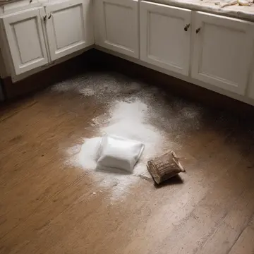 Spilled flour and spilled coffee grounds in Kitchen pantry corner. The mess is settling, forming small, distinct piles that resist being swept away. White flour dust on wood grain