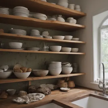 A stack of unused ceramic mixing bowls in Kitchen pantry corner. The bowls are slightly askew, suggesting they were recently moved and then nudged back into place. Dry wood grain...