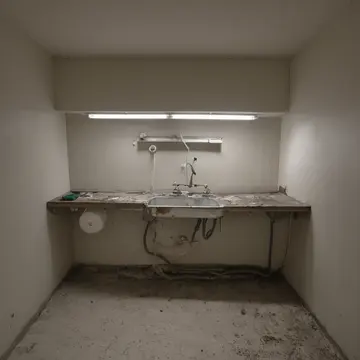 Overfilled watering station in Utility room adjacent to the main kitchen. The cleaning crew is systematically restocking and organizing supplies near closing time. Wet grout lines...