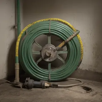 Garden hose reel in Utility closet corner. Reconnecting the hose after cleaning. Damp rubber edges