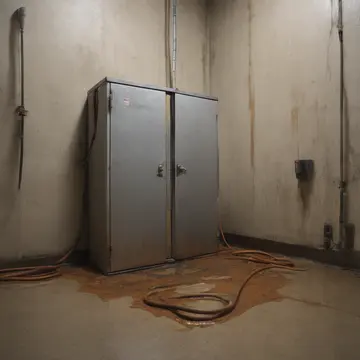 Industrial dehumidifier unit in Utility closet near main service panel. The machine cycles through its dampening routine, failing to reach equilibrium. Coiled extension cords