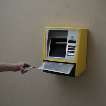 A stack of returned transit passes in Subway station ticket kiosk alcove. An attendant is sorting and re-stacking the passes into designated slots. Yellow plastic edges