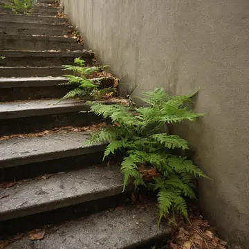 Overgrown potted fern in Basement stairwell landing. The caretaker is wiping down damp, mineral-stained banister rails. Wet grit pooling by the drain grate