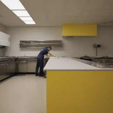 Ceramic sugar dispenser in Staff breakroom counter. Cleaning crew is wiping down the laminate surface. Yellow residue on countertop