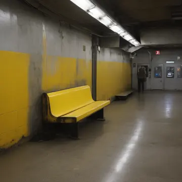A bolted bench seat in Empty transit station corner. The night operator is checking the seating area for damage. Yellow-painted bolt head