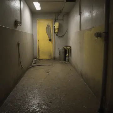 Rubber floor mat in Basement utility room. The room is being secured after hours during an expected dry spell. Grime on concrete floor
