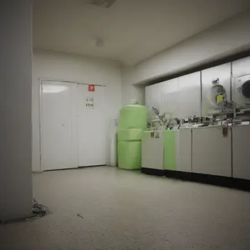 Industrial washing machine in Laundromat utility closet. The machines are being cleaned and stacked after closing. Wet rubber floor matting