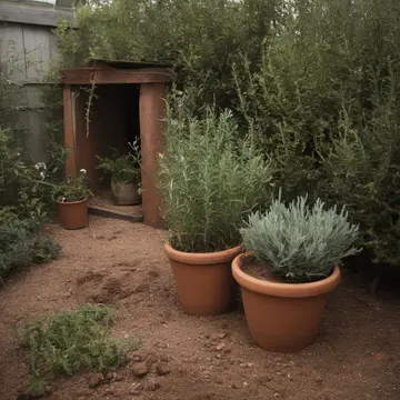 Overgrown Herb Planter in Community Garden Shed. Cleaning up after the last gardener leaves for the day. Dust on ceramic pot lip