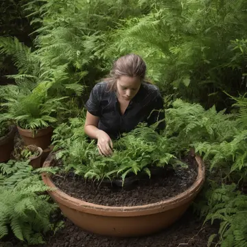 Potted fern in Community greenhouse staging area. The water level in the pot rises slightly overnight. Wet terracotta rim
