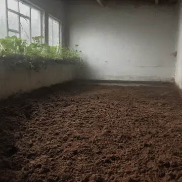 Damp potting soil and fallen leaves in Community greenhouse utility room. The cleaning crew is finishing up for the day, leaving residual organic matter. Wet terracotta pots