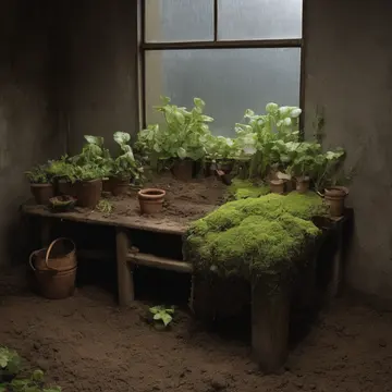 Overgrown potting bench in Basement plant room. Watering plants in sequence, but the water level keeps dropping. Wet terracotta pots