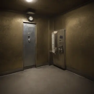 Unused service elevator in Sublevel mechanical room. The room is set up for an anticipated arrival, but the clock shows it has been hours. Oil sheen on the concrete floor