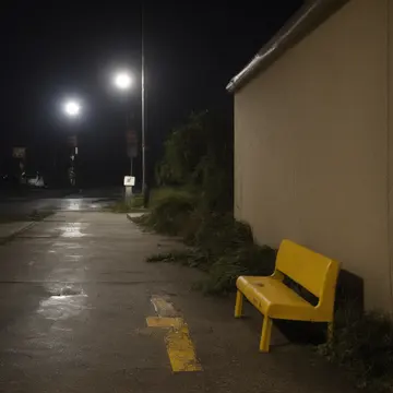 A bench with peeling paint in Suburban bus stop shelter. The night operator is cleaning up after the last bus, finding an object slightly out of place. Cracked yellow vinyl seating...
