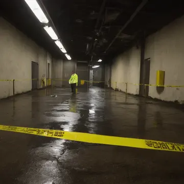 Industrial pallet jack in Sublevel loading bay corner. The cleaning crew is finishing up after hours. Wet concrete floor sheen
