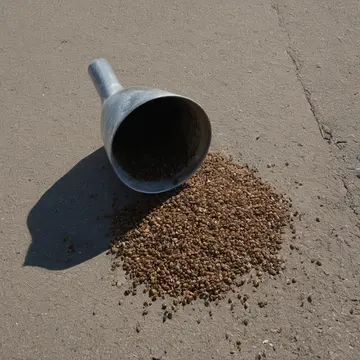 A small pile of spilled birdseed in Sublevel inventory staging area. The seed is forming an unintended pattern near a service door. Dust motes floating in overhead light shafts