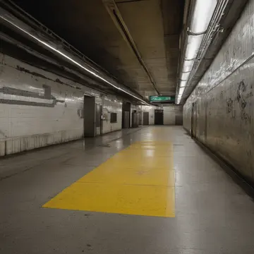 Weather-stained timetable case in Subway transfer station platform. Cleaning crew finishing end-of-day sweep. Wet concrete floor sheen