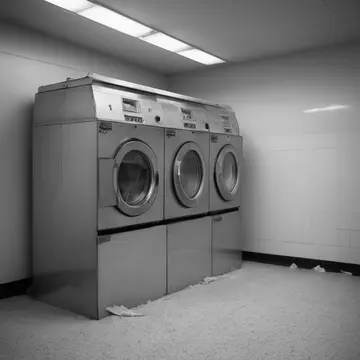 The industrial dryer unit in Community laundromat waiting area. A single, damp sock rests on the folding table. Lint buildup around the drum seal