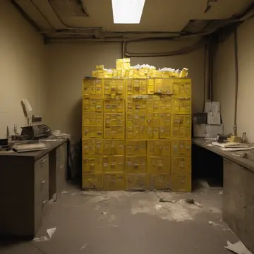 Cardboard box of outdated forms in Utility room adjacent to main office filing area. A night operator is stacking files before locking up. Dust motes suspended in low yellow light