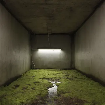 Moss and forgotten roots in Subway maintenance supply closet. The room is being secured for the night shift shutdown. Wet earth clinging to metal grating