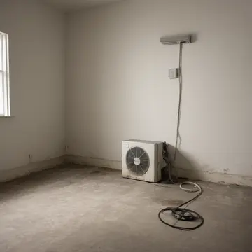 Industrial dehumidifier unit in Utility room corner. The machine is set up for shutdown, but its feet are arranged in an unnatural, geometric pattern. Dust film on plastic casing