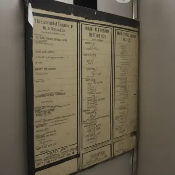 Overfilled timetable rack in Public transit waiting room. A delay forces patrons to notice the sequence of outdated departure times. Yellowed paper edges
