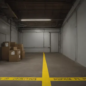 Weather-damaged pallet wrap in Stockroom receiving bay. A stack of boxes is arranged near a sealed loading dock. Yellow caution tape on concrete