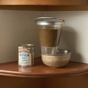 Wooden measuring cup in Kitchen pantry corner. The cup is positioned slightly off its designated hook, leaning against canned goods. Yellowed cardboard box edge