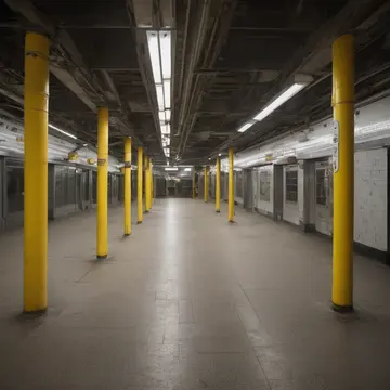 The 'No Loitering' Signage in Subway transfer mezzanine. A routine sweep of the empty concourse before closing. Yellow caution tape slack against a pillar